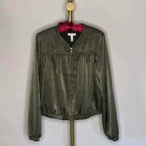 Leith Women’s Olive Green Satin Sheen Luxe Bomber Jacket size M Casual
